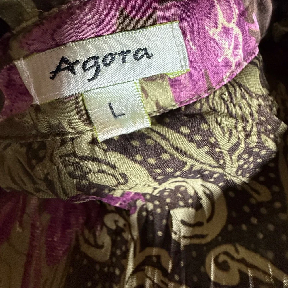Agora Crinkle Pleat Floral Paisley Ruffle Blouse Olive Magenta Large